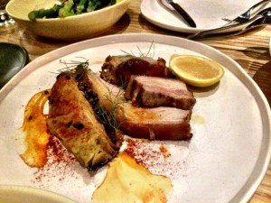 Wood Roasted Pork with charred cabbage, sweet potato & cheddar gratin
